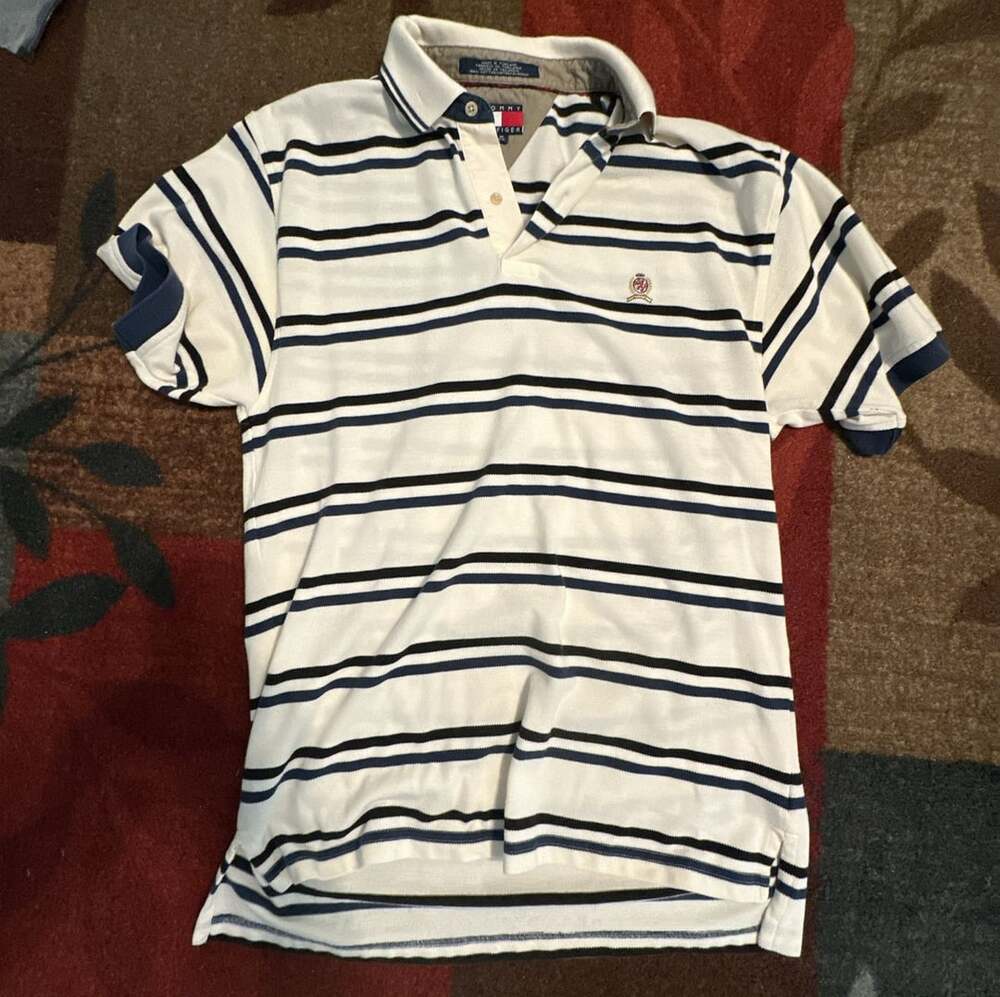 Tommy Hilfiger Striped Polo Shirt Size M White Blue Black
